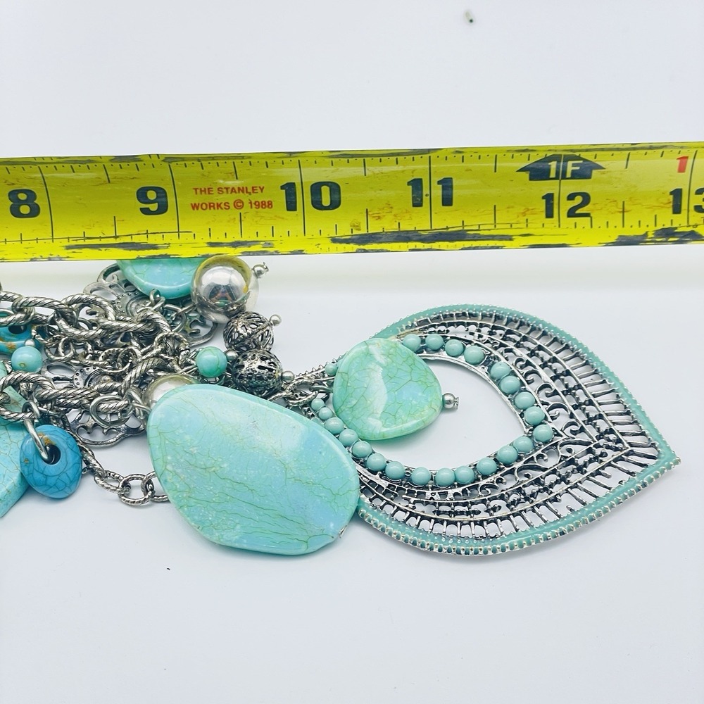 Statement Aqua Blue Beaded Necklace Silver Tone Fringe Boho Bib - Picture 3 of 4